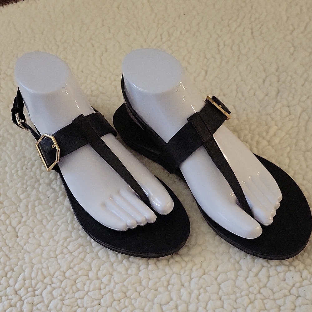 Cole Haan Black Gold Buckle Flat Sandals